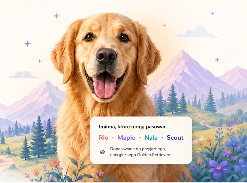 Golden retriever w górskim krajobrazie z propozycjami imion — Rio, Maple, Nala, Scout — dopasowanymi do przyjaznego, energicznego psa